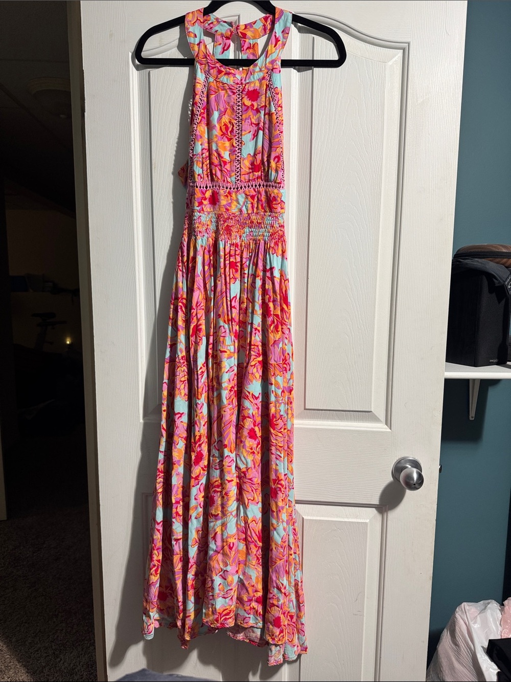 Abel The Label Floral Halter Maxi Dress Large Smocked Waist Boho Tropical Summer - Picture 2 of 10